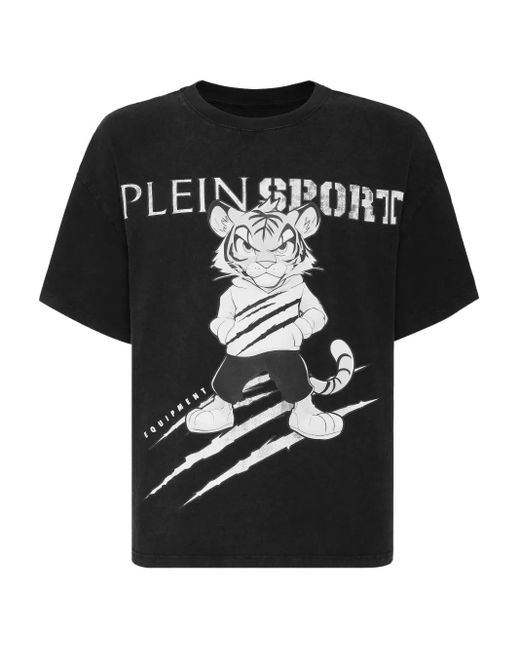 Philipp Plein Black Washed Fleece T-Shirt Scratch Tiger for men