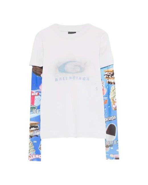 Balenciaga White Graphic-Print Double Sleeve T-Shirt