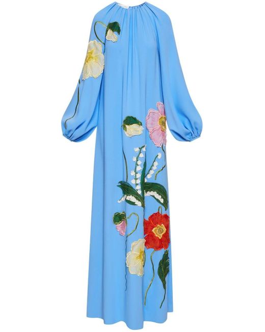 Oscar de la Renta Blue Painted Poppies & Lily-embroidered Kaftan Maxi Dress