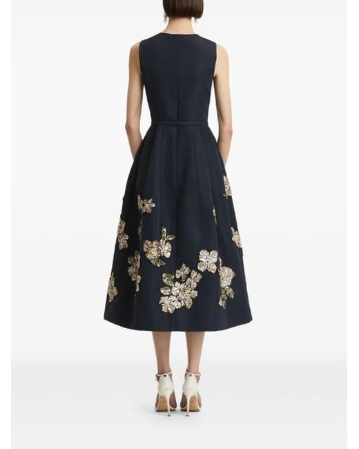 Oscar de la Renta スパンコールトリム フローラル ミディドレス Blue