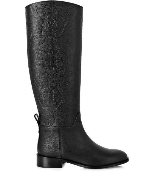 Philipp Plein Black Monogram-Debossed Boots
