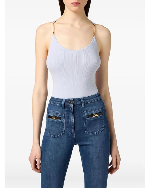 Elisabetta Franchi Blue Geripptes Strickoberteil mit Schmucksteinen