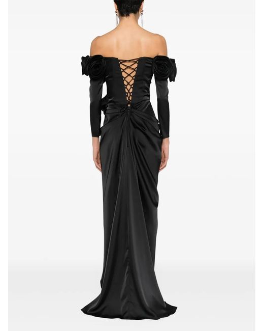Ana Radu Black Floral-Appliqué Satin Gown