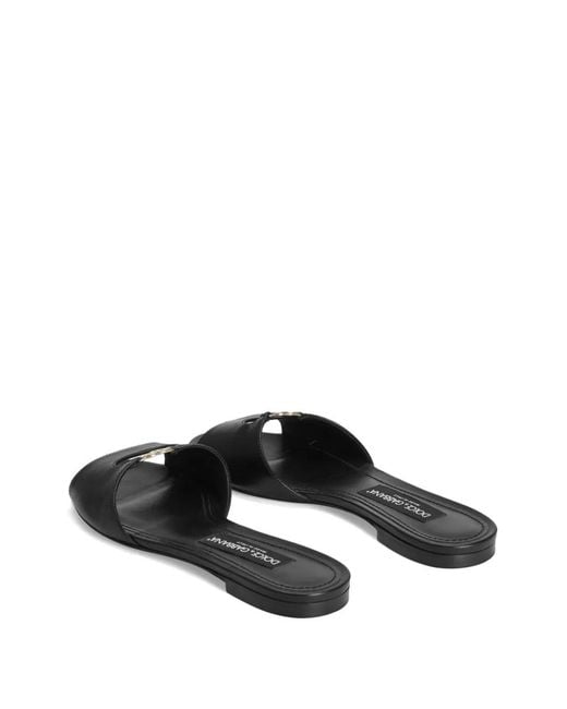 Dolce & Gabbana Black Silk Nappa Leather Flat Slippers