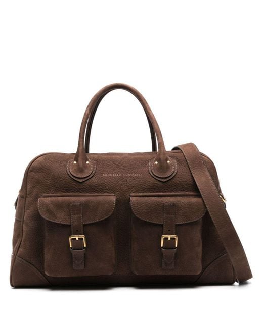 Brunello Cucinelli Brown Logo-Stamp Leather Weekend Bag for men