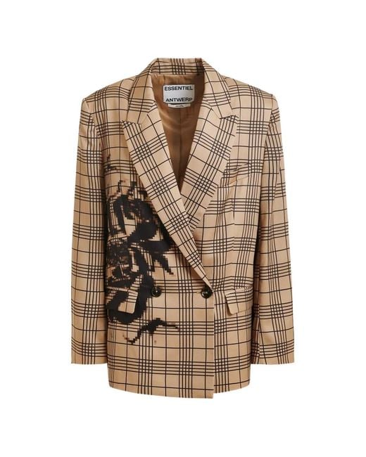 Essentiel Antwerp Brown Juliana Checked-Print Double-Breasted Blazer