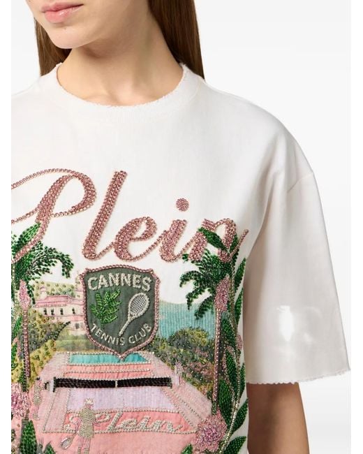 Philipp Plein White Destroyed Rhinestone T-Shirt