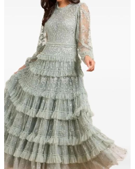 Needle & Thread Green Blossom Lace Ruffled Maxi Dress