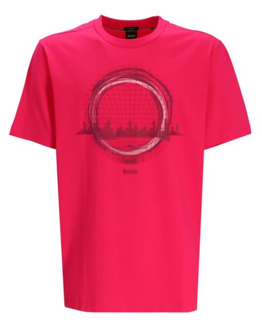 Boss Pink Graphic-print Cotton T-shirt for men