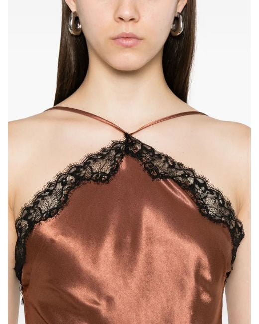 Rixo Brown Bronze Satin Halterneck Spitze Slip Kleid