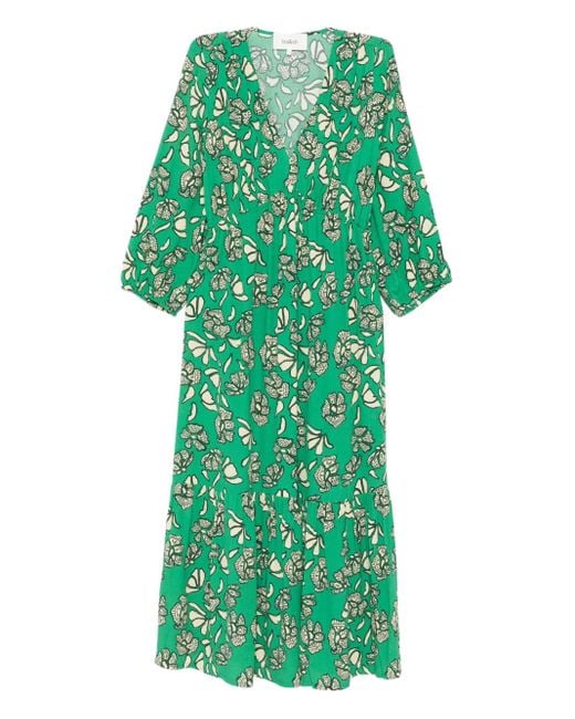 Ba&sh Green Aferae Floral-Print Tiered Dress