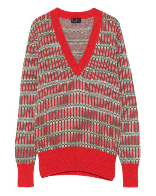 Etro Trui Met Geometrisch Patroon En V-Hals in het Red