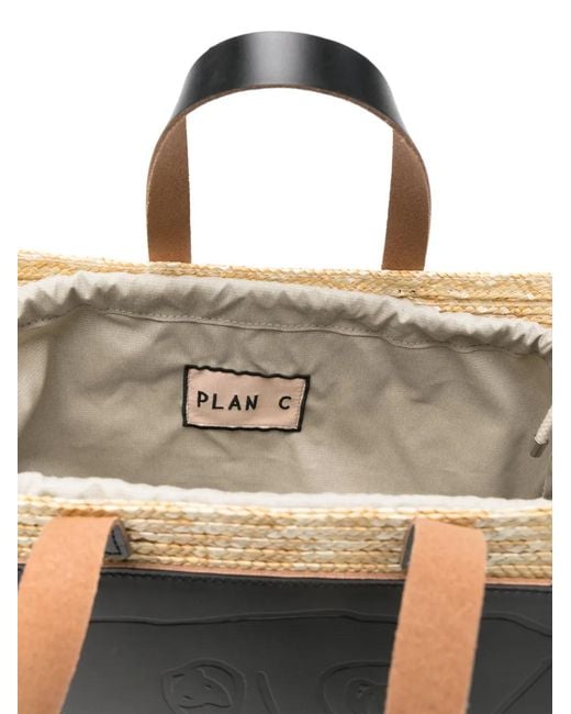 Plan C Black Small Florentine Logo-Patch Straw Tote Bag