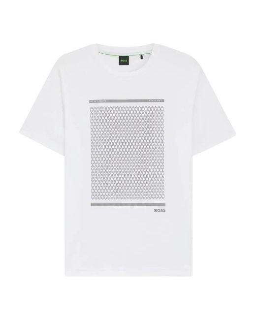 Boss White Geometric-Print T-Shirt for men