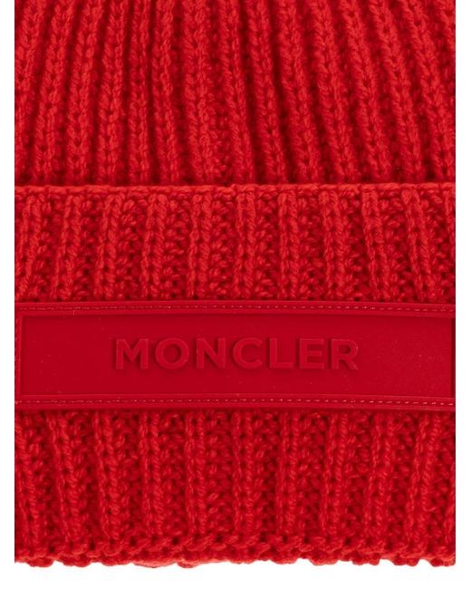Moncler Red Wool Beanie With Logo Patch for men