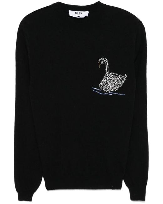 MSGM Black Swan Embellished Knit Sweater