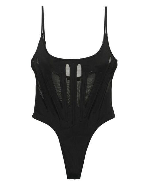 Mugler Black Semi-sheer Thong Swimsuit
