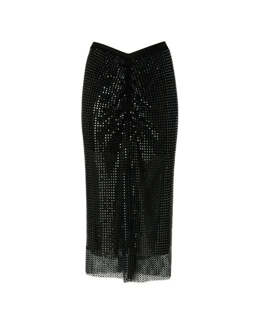 Pinko Black Mesh-Effect Calf-Length Skirt With Rhinestones