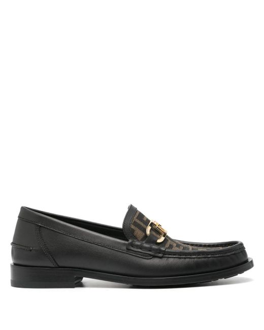 Fendi Black Ff-plaque Leather Loafers for men