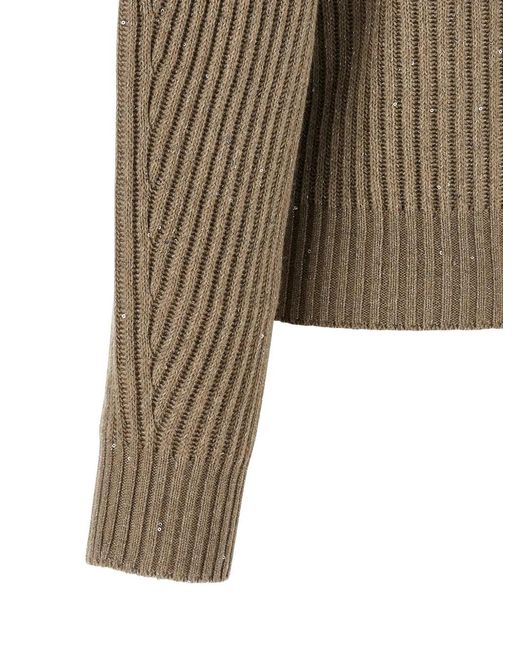 Brunello Cucinelli Natural Sequin-Embellished Rib-Knit Sweater