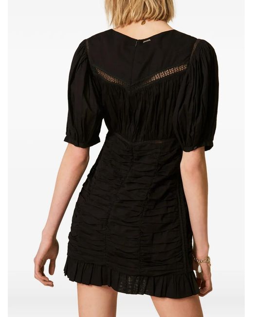 Twinset Black Short Muslin Dress With Gathering