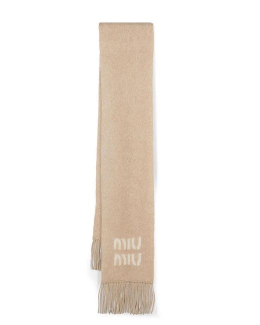Miu Miu Natural Neutral Logo Jacquard Fringed Scarf - Women's - Polyamide/wool/mohair