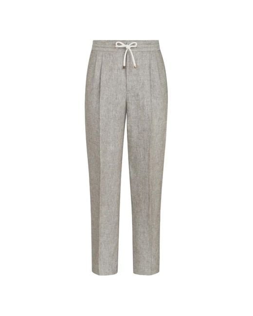 Brunello Cucinelli Gray Linen And Hemp Diagonal Trousers With Drawstring And Double Pleats for men