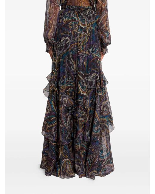 Etro Gray Silk Maxi Skirt With Paisley Foliage Motif