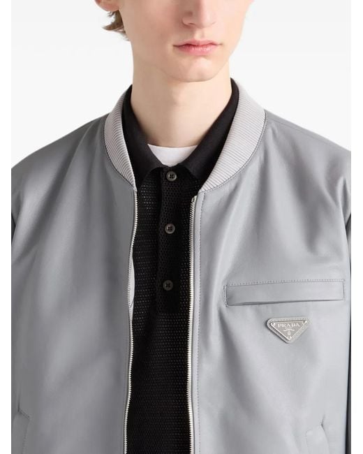 Prada Gray Nappa Leather Bomber Jacket for men