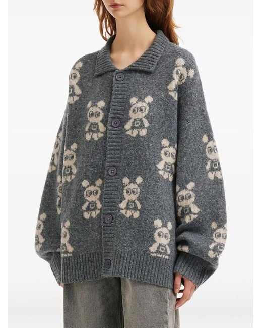 Mini Cream Gray Bear-Pattern Button-Fastening Cardigan