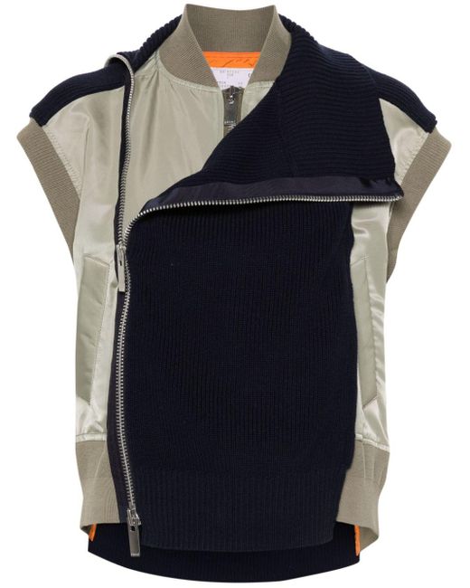 Sacai Blue Knitted-panels Asymmetric Vest