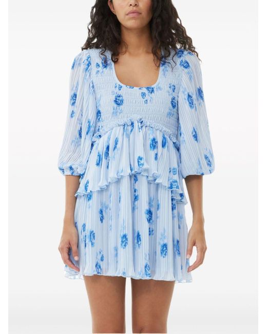 Ganni Geplooide Mini-jurk Met Bloemenprint in het Blue