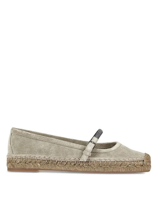 Brunello Cucinelli Gray Mary-Jane-Espadrilles Aus Veloursleder Mit Zierperlen