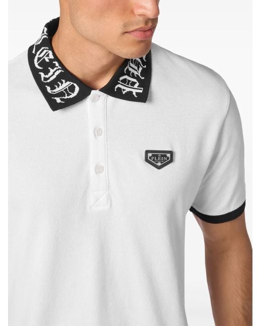 Philipp Plein White Logo-Plaque Cotton Polo Shirt for men