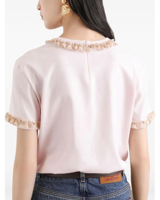Dolce & Gabbana Pink Logo-Embroidered Ruffled T-Shirt