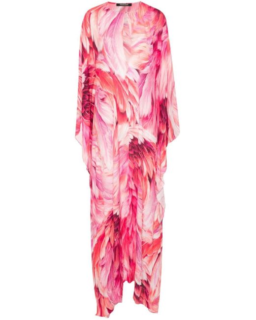 Roberto Cavalli Pink Plumage-print Maxi Dress