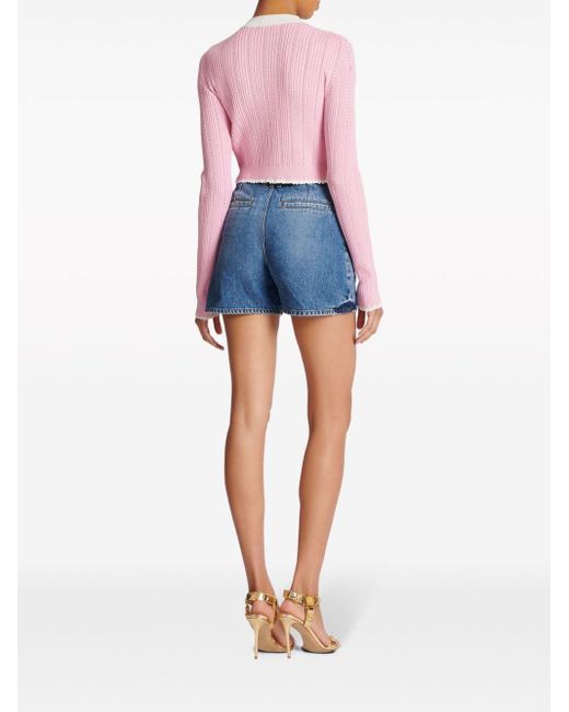 Balmain Pink Pointelle-knit Cropped Cardigan