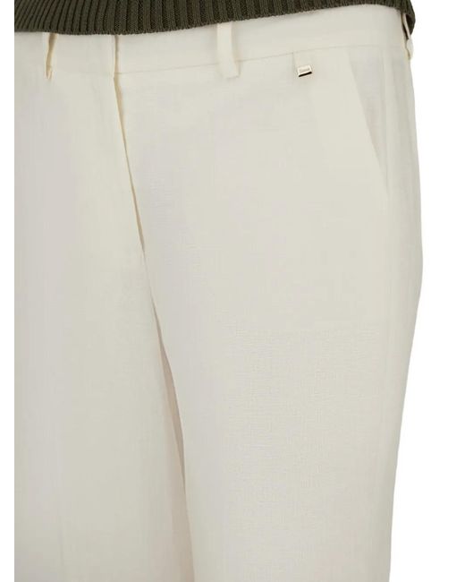 Herno White Lightweight Linen Cigarette Trousers With Turn-Ups And Metal Logo Plate