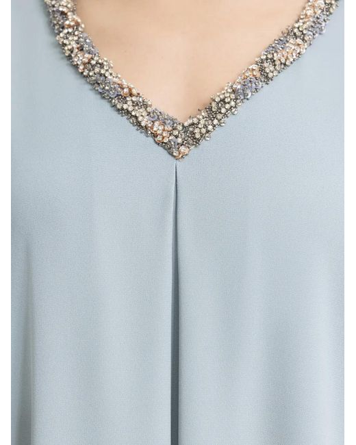 Gemy Maalouf Blue Beaded V-Neckline Maxi Kaftan