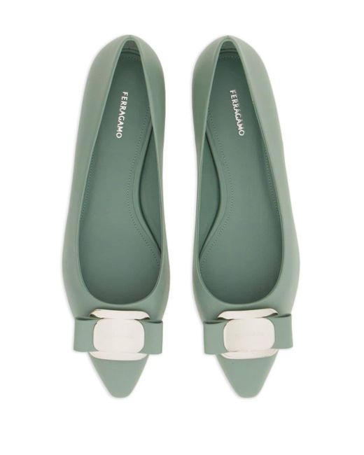 Ferragamo Green New Vara-bow Lambskin Ballerina Shoes