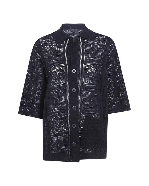 Y's Yohji Yamamoto Blue Mexican Crochet-Knit Patch-Pocket Shirt