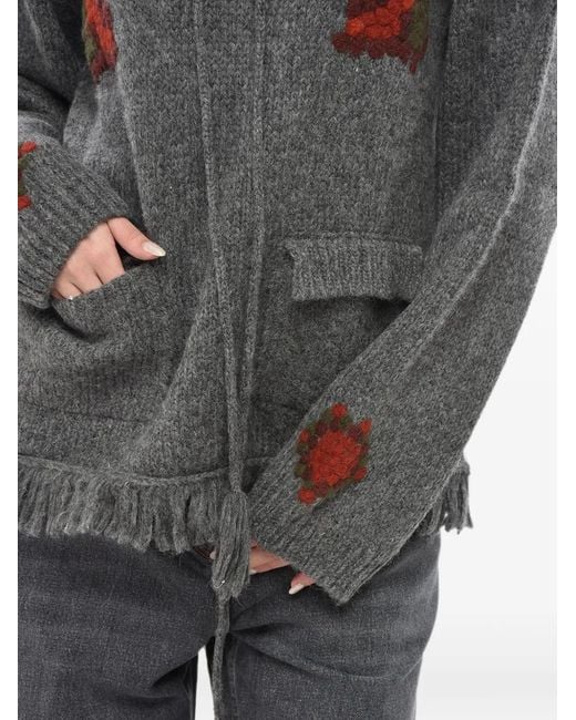 BAZISZT Gray Embroidered Fringed-Hem Sweater