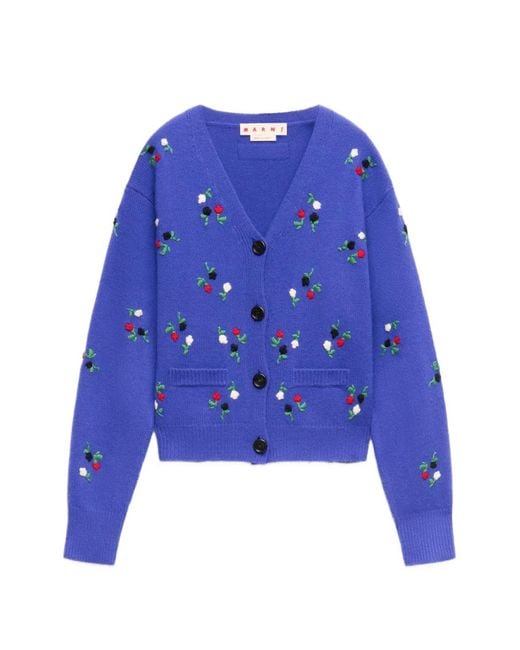 Marni Blue Flower-Embroidered Balloon-Sleeve Cardigan