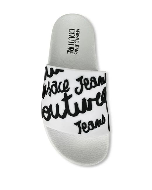 Versace Jeans Couture White Logo-Print Slides