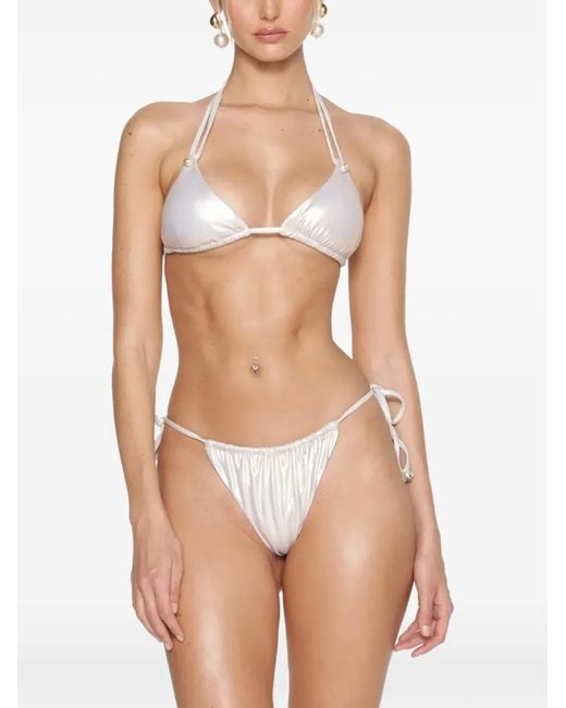 GOD SAVES QUEENS White La Brisa Pearl-Embellished Metallic Bikini Top