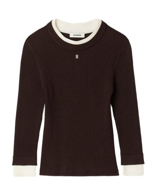 Sandro Brown Ribbed Round-Neck Top