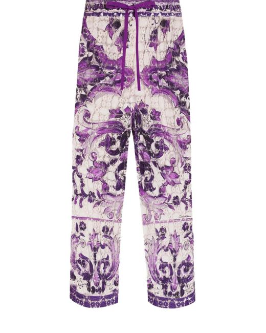 Dolce & Gabbana Blue Majolica-Print Lace Trousers