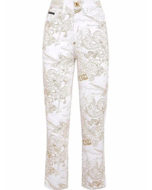Philipp Plein White Skeleton-Print Cropped Jeans