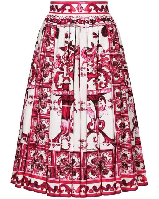 Falda midi de popelina con estampado Maiolica Dolce & Gabbana de color White