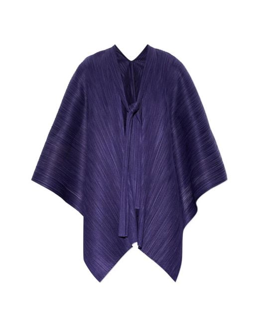 Pleats Please Issey Miyake Blue Pleated Tie-Neck Cape